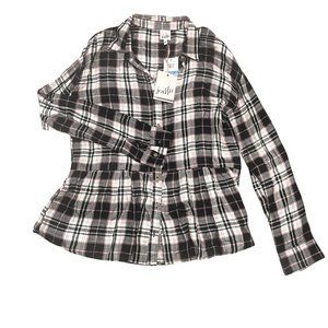 Belle du Jour Ruffled Peplum Pink Black Lightweight Flannel Shirt - NWT, Size XL